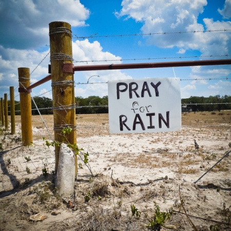 Sinal escrito à mão na cerca de exploração agrícola durante seca no Texas. Fonte: http://keepcaliforniafarming.org/